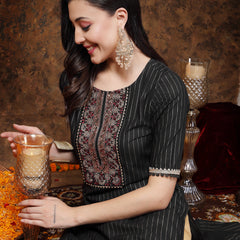 Stylum Women's Black Woven Design & Embroidered Lurex Cotton Straight Kurta (BLACKCHAO)