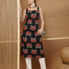 Stylum Women's Rust Block Printed Cotton Straight Kurta (BLACKLETTUCE)