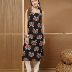 Stylum Women's Rust Block Printed Cotton Straight Kurta (BLACKLETTUCE)