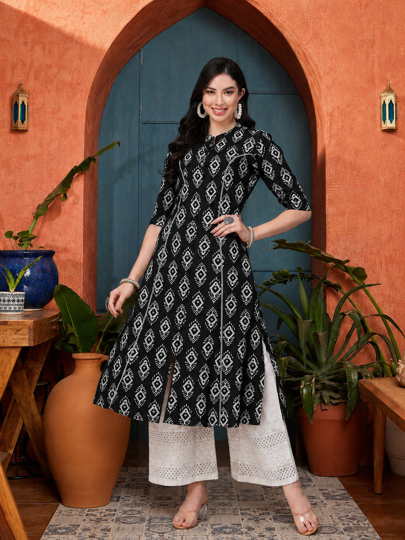Stylum Women's Black Ethnic Printed Rayon A-Line Kurta (BLACKREET)