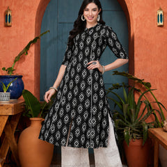 Stylum Women's Black Ethnic Printed Rayon A-Line Kurta (BLACKREET)