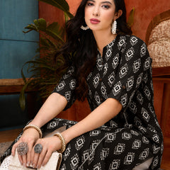 Stylum Women's Black Ethnic Printed Rayon A-Line Kurta (BLACKREET)