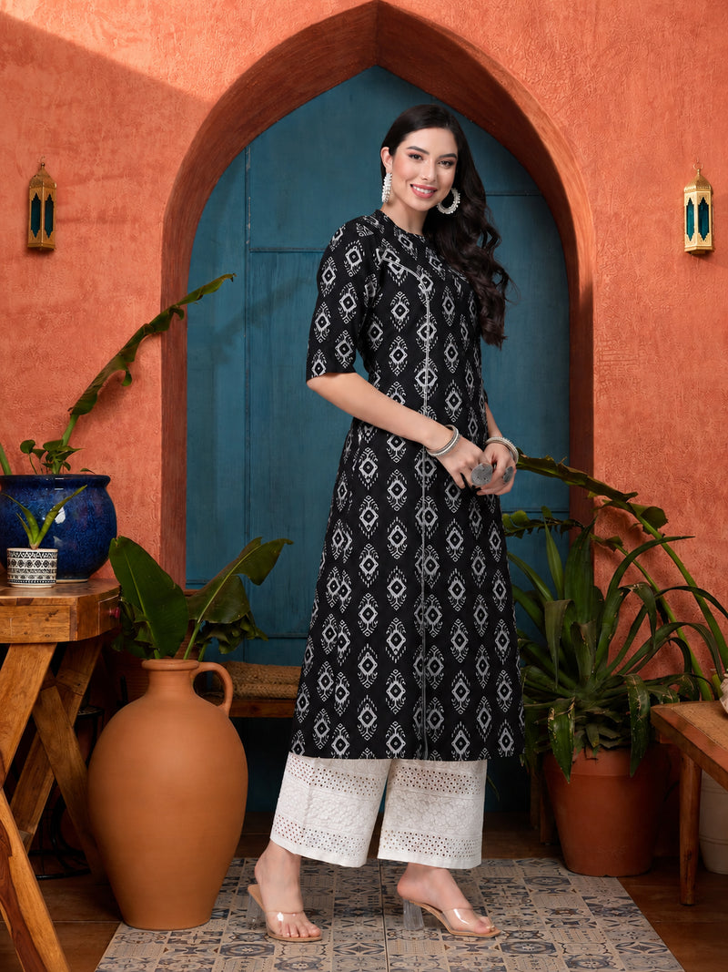 Stylum Women's Black Ethnic Printed Rayon A-Line Kurta (BLACKREET)