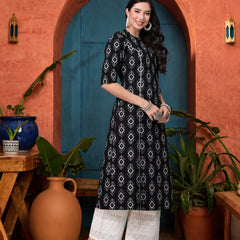 Stylum Women's Black Ethnic Printed Rayon A-Line Kurta (BLACKREET)