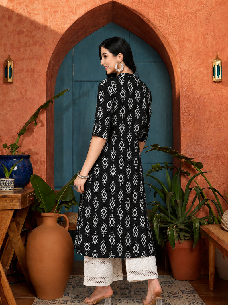 Stylum Women's Black Ethnic Printed Rayon A-Line Kurta (BLACKREET)