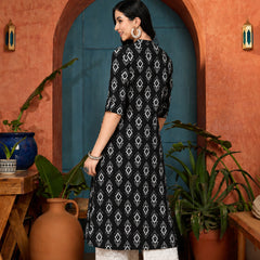 Stylum Women's Black Ethnic Printed Rayon A-Line Kurta (BLACKREET)