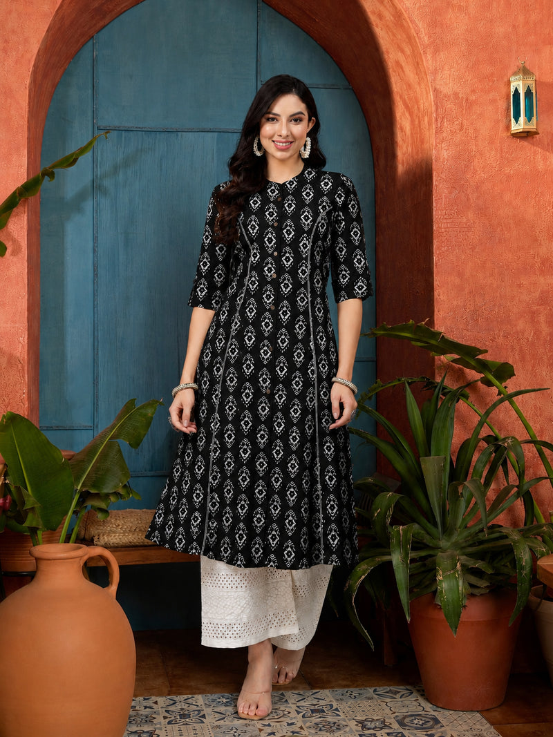 Stylum Women's Black Ethnic Printed Rayon A-Line Kurta (BLACKREET)