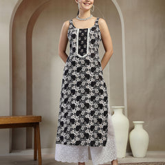 Stylum Women's Black Floral Printed Cotton Straight Kurta (BLACKSTRAP)