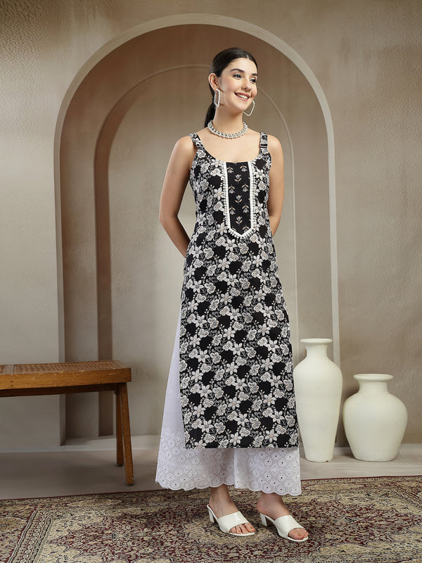 Stylum Women's Black Floral Printed Cotton Straight Kurta (BLACKSTRAP)
