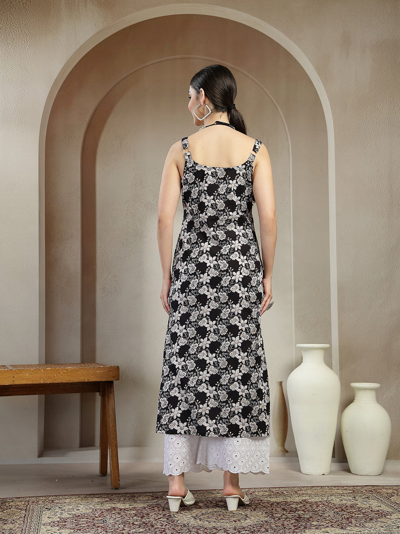 Stylum Women's Black Floral Printed Cotton Straight Kurta (BLACKSTRAP)