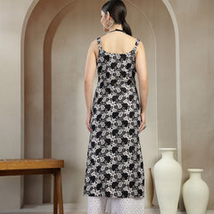 Stylum Women's Black Floral Printed Cotton Straight Kurta (BLACKSTRAP)