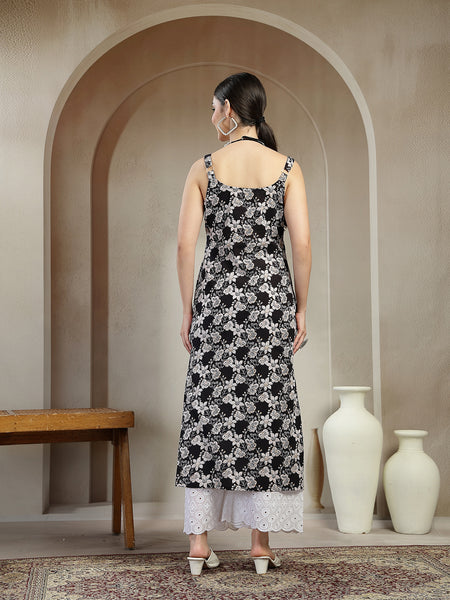 Stylum Women's Black Floral Printed Cotton Straight Kurta (BLACKSTRAP)