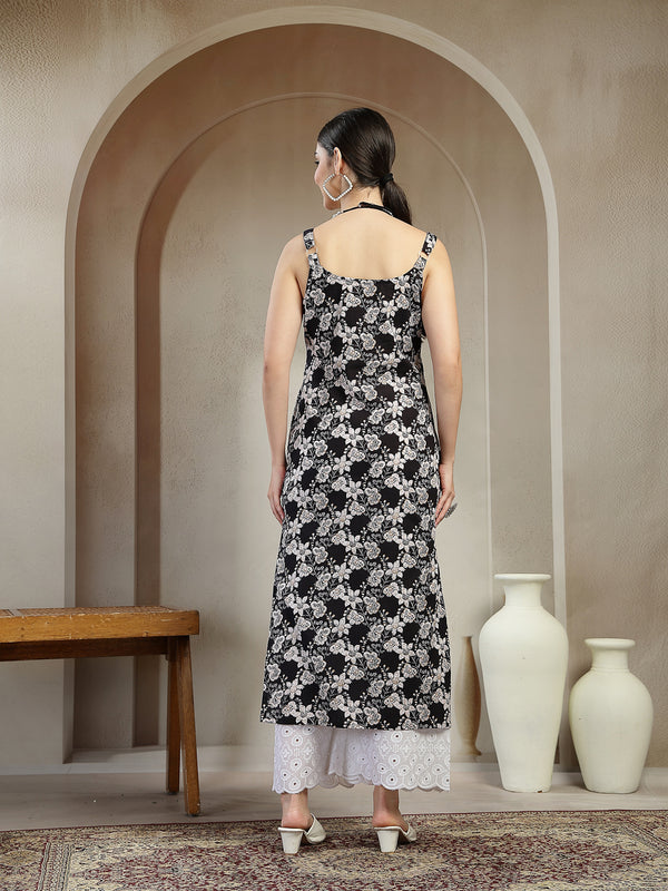 Stylum Women's Black Floral Printed Cotton Straight Kurta (BLACKSTRAP)