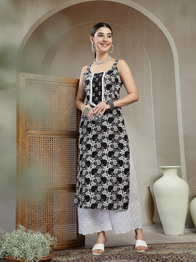 Stylum Women's Black Floral Printed Cotton Straight Kurta (BLACKSTRAP)