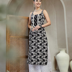 Stylum Women's Black Floral Printed Cotton Straight Kurta (BLACKSTRAP)
