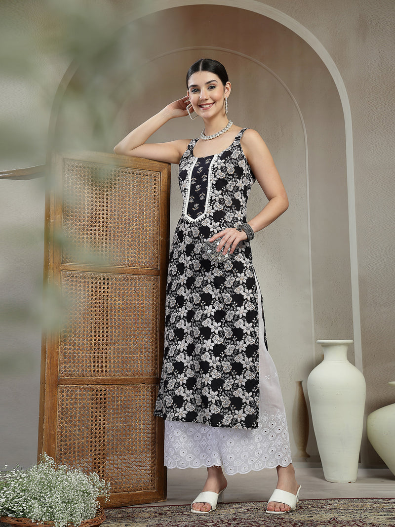 Stylum Women's Black Floral Printed Cotton Straight Kurta (BLACKSTRAP)