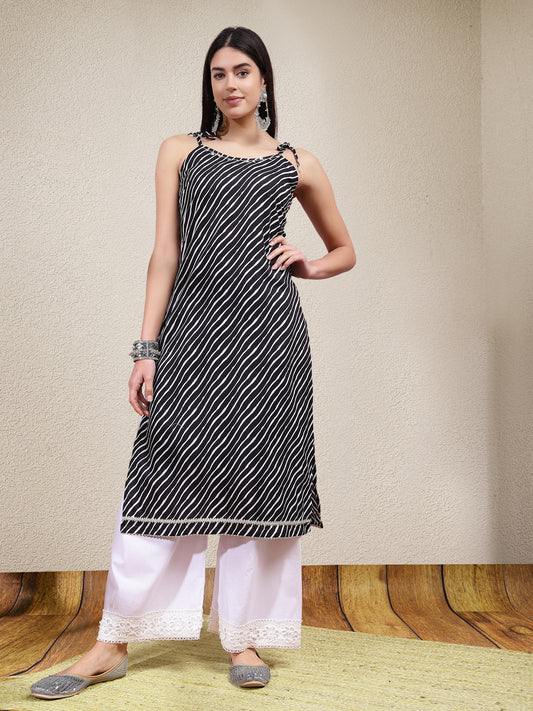 Stylum Women's Lehariya Printed Cotton Sleeveless Kurta (BLACKSURMA)