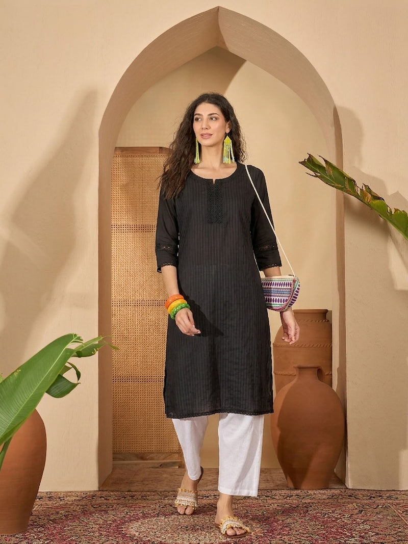 Stylum Women's Black Solid Rayon Straight Kurta (BLACKUDUPI)