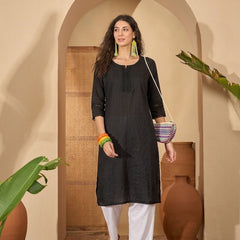 Stylum Women's Black Solid Rayon Straight Kurta (BLACKUDUPI)