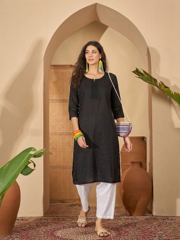 Stylum Women's Black Solid Rayon Straight Kurta (BLACKUDUPI)