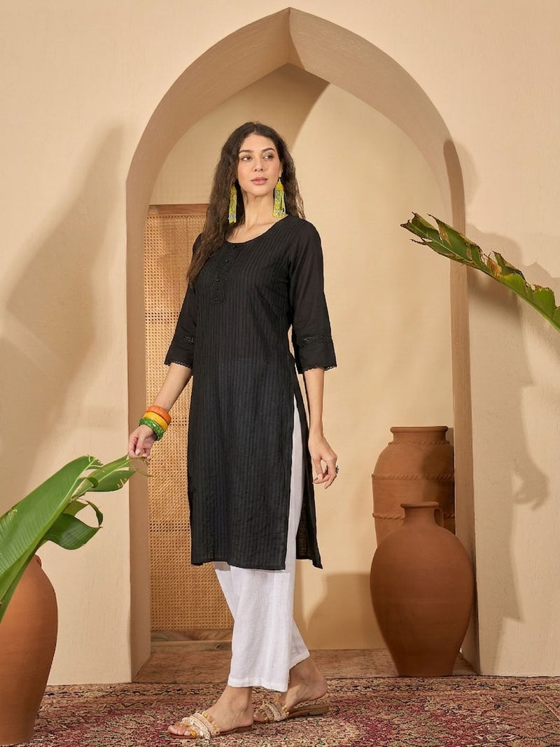 Stylum Women's Black Solid Rayon Straight Kurta (BLACKUDUPI)
