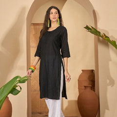 Stylum Women's Black Solid Rayon Straight Kurta (BLACKUDUPI)