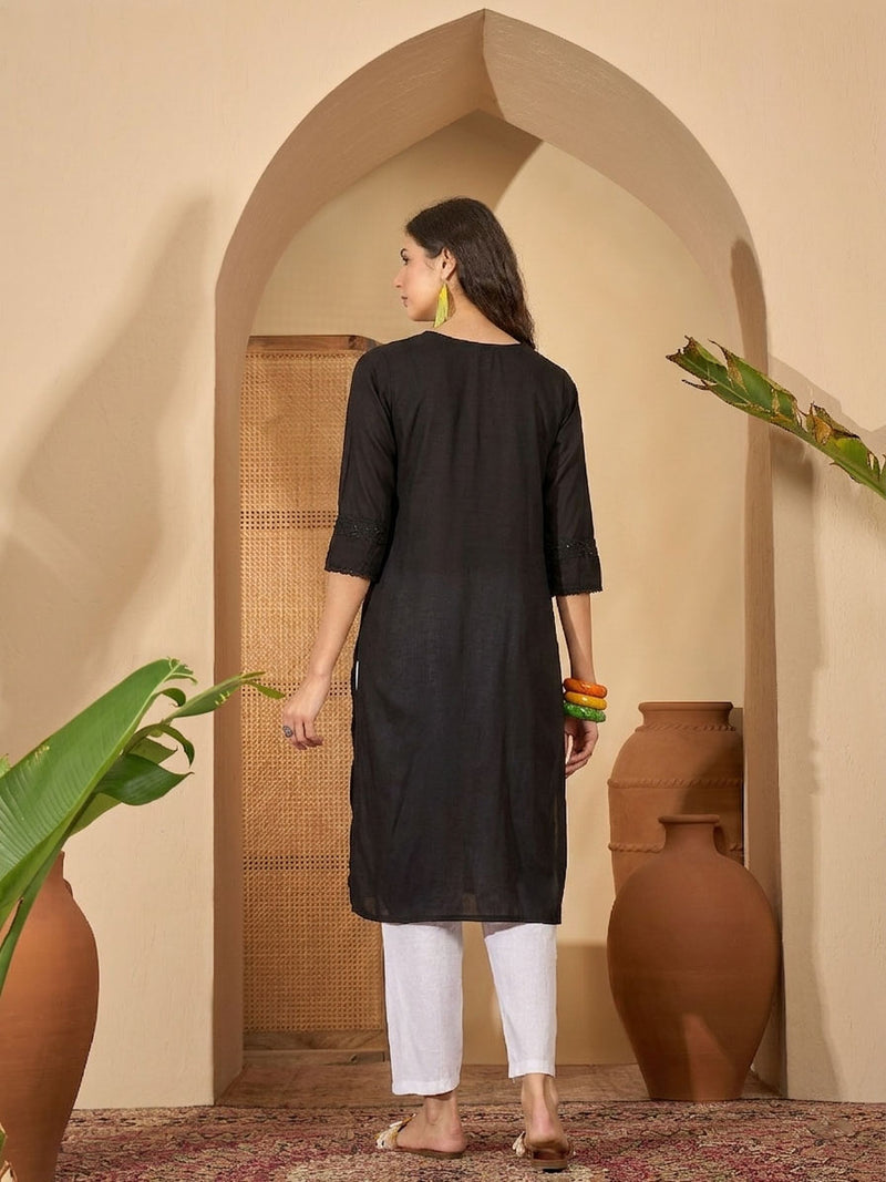 Stylum Women's Black Solid Rayon Straight Kurta (BLACKUDUPI)