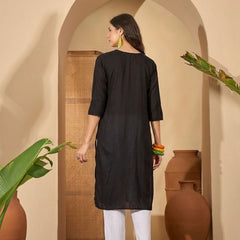 Stylum Women's Black Solid Rayon Straight Kurta (BLACKUDUPI)