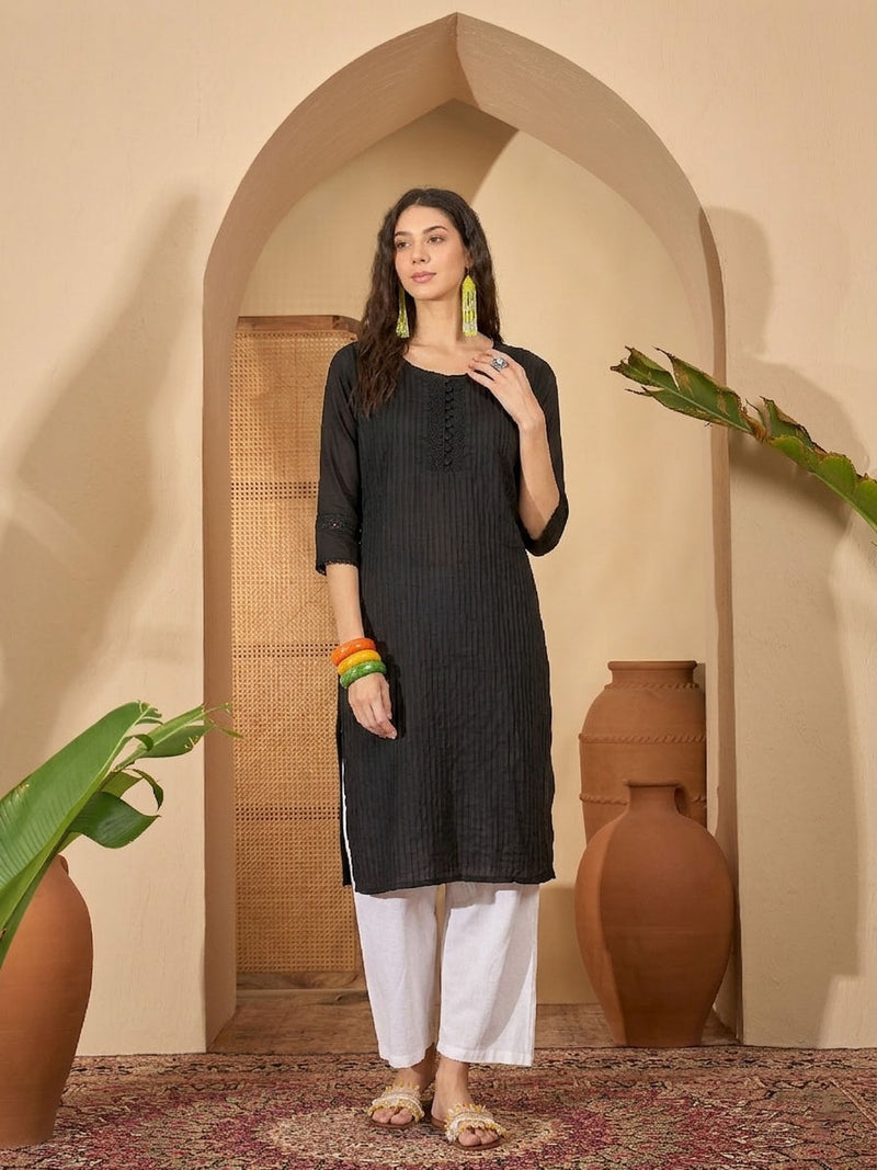 Stylum Women's Black Solid Rayon Straight Kurta (BLACKUDUPI)