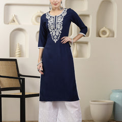 Stylum Women's Navy Solid & Embroidered Rayon Straight Chicken Kurta (BLUEBLAST)