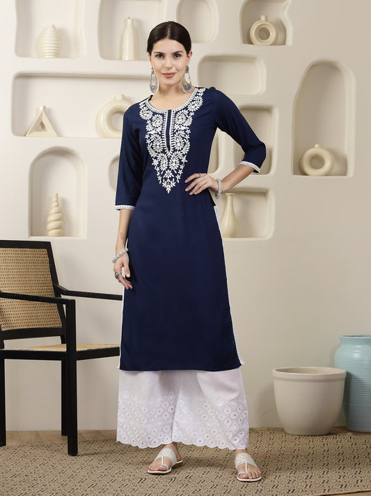 Stylum Women's Navy Solid & Embroidered Rayon Straight Chicken Kurta (BLUEBLAST)