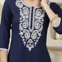 Stylum Women's Navy Solid & Embroidered Rayon Straight Chicken Kurta (BLUEBLAST)