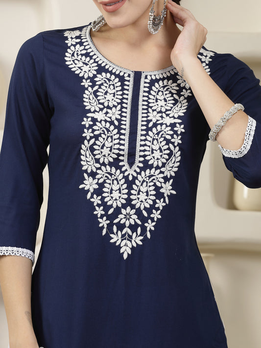 Stylum Women's Navy Solid & Embroidered Rayon Straight Chicken Kurta (BLUEBLAST)