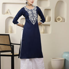 Stylum Women's Navy Solid & Embroidered Rayon Straight Chicken Kurta (BLUEBLAST)