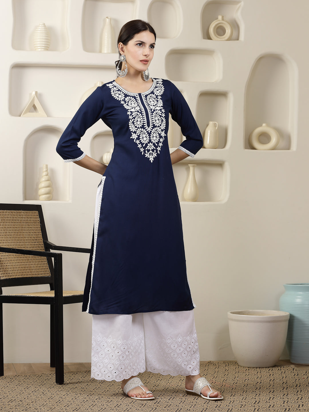 Stylum Women's Navy Solid & Embroidered Rayon Straight Chicken Kurta (BLUEBLAST)