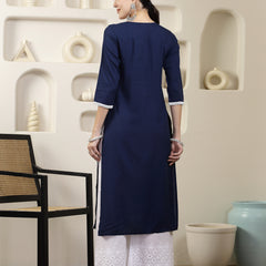 Stylum Women's Navy Solid & Embroidered Rayon Straight Chicken Kurta (BLUEBLAST)