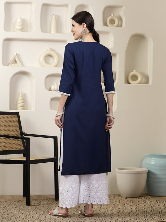 Stylum Women's Navy Solid & Embroidered Rayon Straight Chicken Kurta (BLUEBLAST)