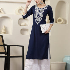 Stylum Women's Navy Solid & Embroidered Rayon Straight Chicken Kurta (BLUEBLAST)