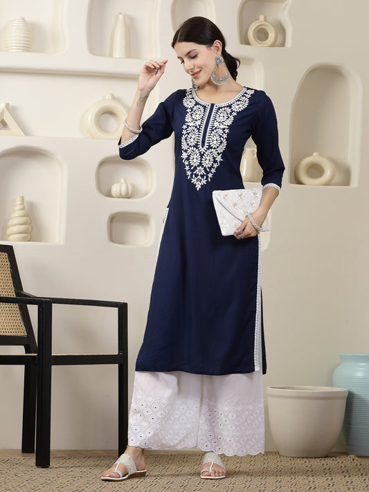 Stylum Women's Navy Solid & Embroidered Rayon Straight Chicken Kurta (BLUEBLAST)