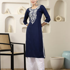 Stylum Women's Navy Solid & Embroidered Rayon Straight Chicken Kurta (BLUEBLAST)