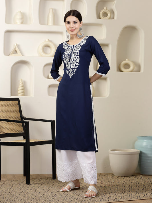 Stylum Women's Navy Solid & Embroidered Rayon Straight Chicken Kurta (BLUEBLAST)