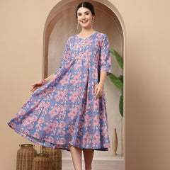 Stylum Women's Blue Floral Printed Cotton Flared Dress (DRSBLUEBOURBON)