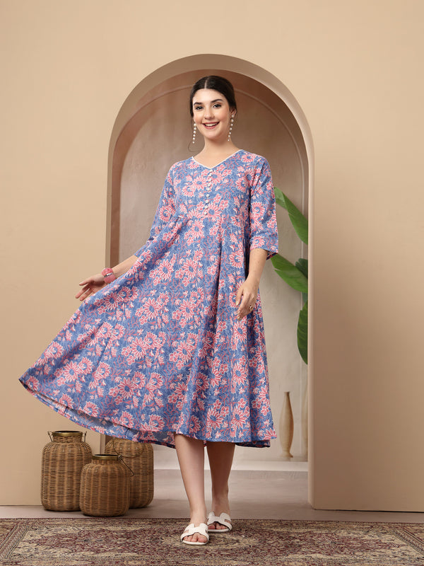 Stylum Women's Blue Floral Printed Cotton Flared Dress (DRSBLUEBOURBON)