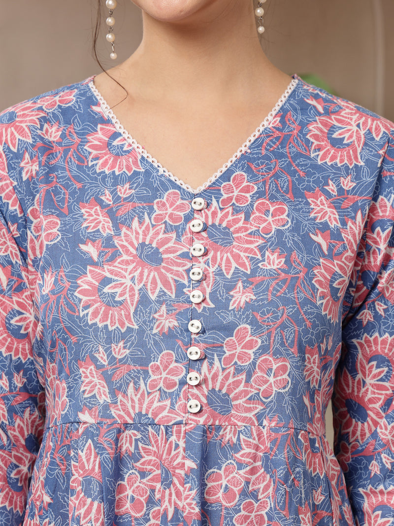Stylum Women's Blue Floral Printed Cotton Flared Dress (DRSBLUEBOURBON)