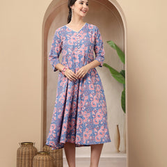 Stylum Women's Blue Floral Printed Cotton Flared Dress (DRSBLUEBOURBON)