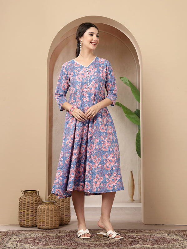 Stylum Women's Blue Floral Printed Cotton Flared Dress (DRSBLUEBOURBON)