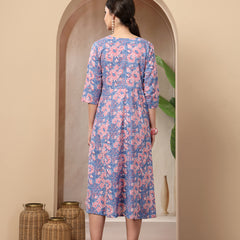 Stylum Women's Blue Floral Printed Cotton Flared Dress (DRSBLUEBOURBON)