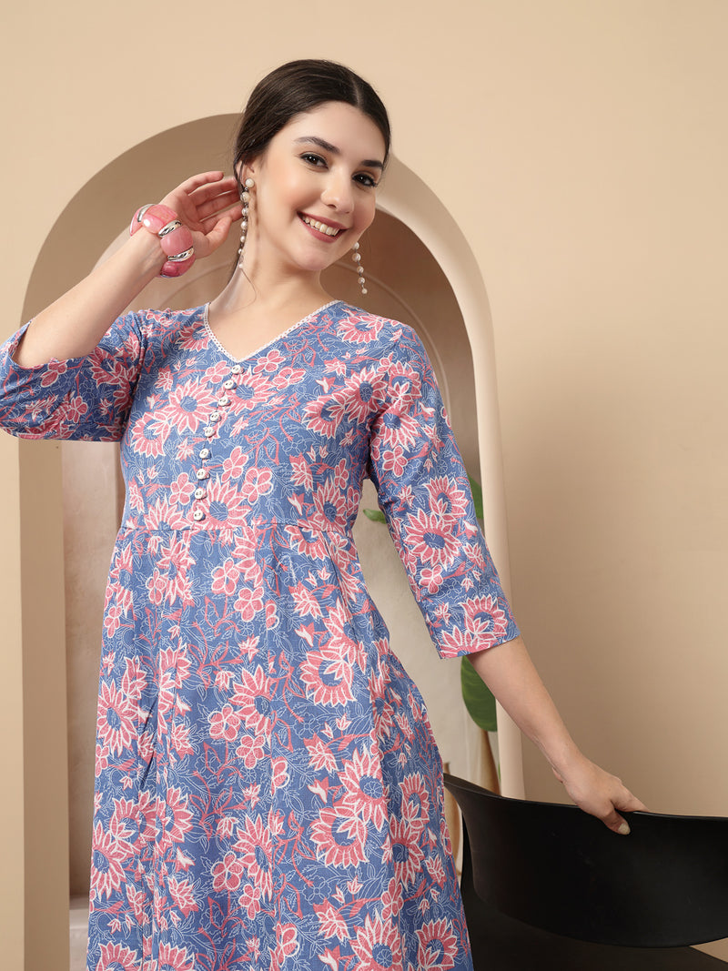 Stylum Women's Blue Floral Printed Cotton Flared Dress (DRSBLUEBOURBON)