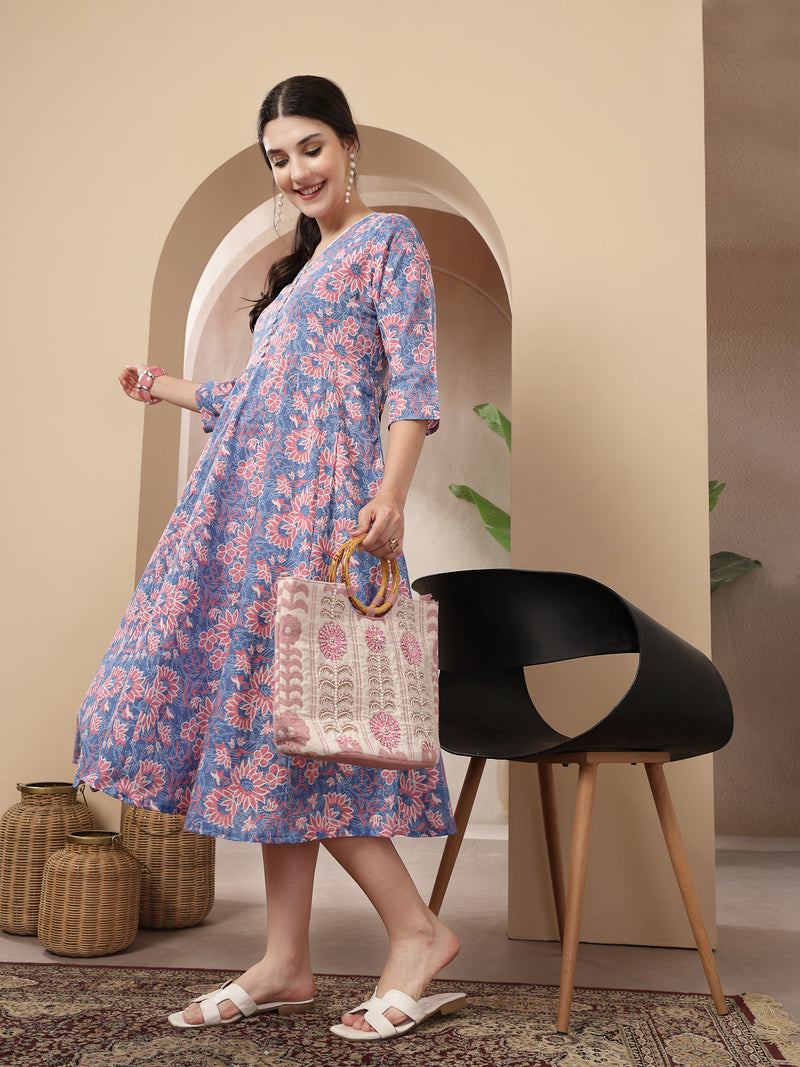 Stylum Women's Blue Floral Printed Cotton Flared Dress (DRSBLUEBOURBON)