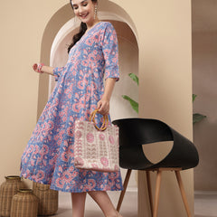 Stylum Women's Blue Floral Printed Cotton Flared Dress (DRSBLUEBOURBON)